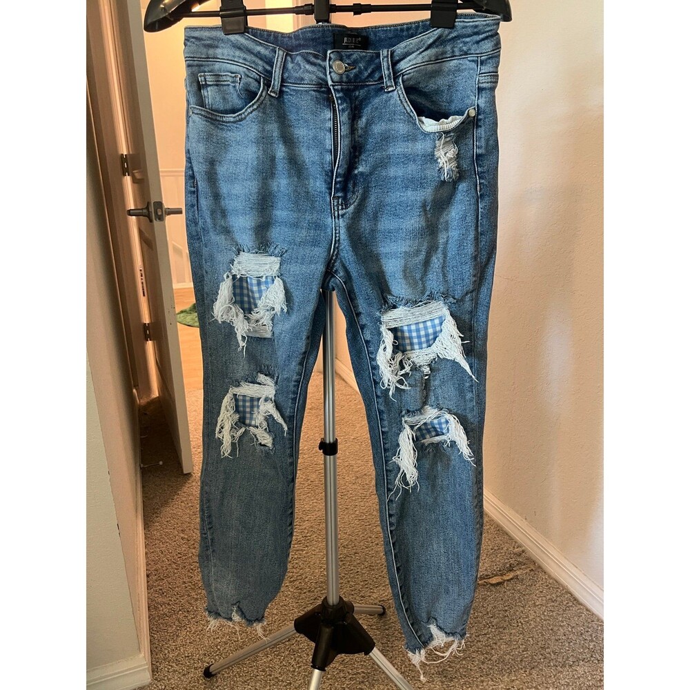 Judy Blue Denim - Distressed Gingham Patchwork High-Rise Skinny Jeans Size 14 - Picture 2 of 12